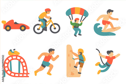 Adrenaline Adventure Icons. Flat vector mini-illustrations adrenaline in colors children's illustrations: racing car, mountain