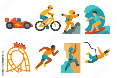 Adrenaline Adventure Icons. Flat vector mini-illustrations adrenaline in colors children's illustrations: racing car, mountain