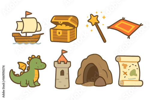 Adventure Icons Grid. Flat vector mini-illustrations novel adventures in colors children's illustrations: sailing ship, treasure