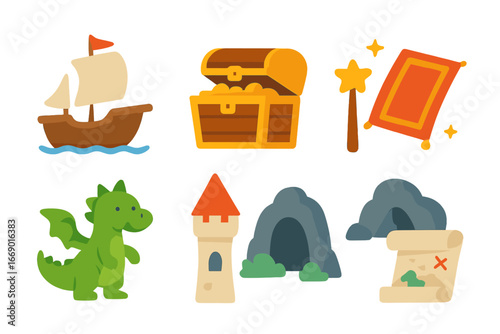 Adventure Icons Grid. Flat vector mini-illustrations novel adventures in colors children's illustrations: sailing ship, treasure