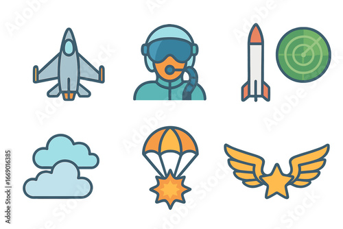 Aerial Combat Icons. Flat vector mini-illustrations aerial combat in colors children's illustrations: fighter jet, pilot helmet,