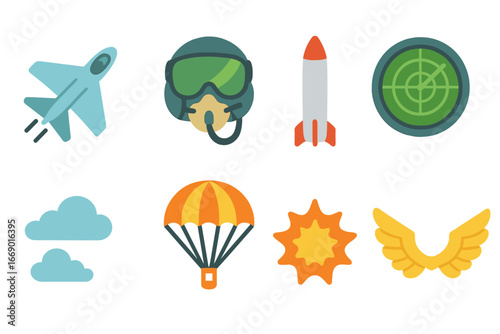 Aerial Combat Icons. Flat vector mini-illustrations aerial combat in colors children's illustrations: fighter jet, pilot helmet,