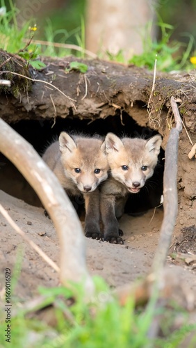 Two baby foxes peek from den