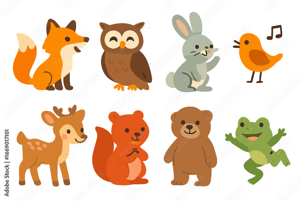Fototapeta premium Animal Tales Icons. Flat vector mini-illustrations animal tales in colors children's illustrations: talking fox, wise owl, playful