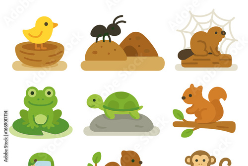 Animals and Shoes Grid. Flat vector mini-illustrations platform animals in colors children's illustrations: bird platform nest,