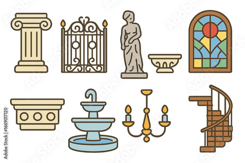 Architectural Elements Mini-Icons. Flat vector mini-illustrations architectural refinement in colors children's illustrations: