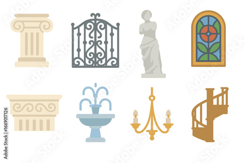Architectural Elements Mini-Icons. Flat vector mini-illustrations architectural refinement in colors children's illustrations: