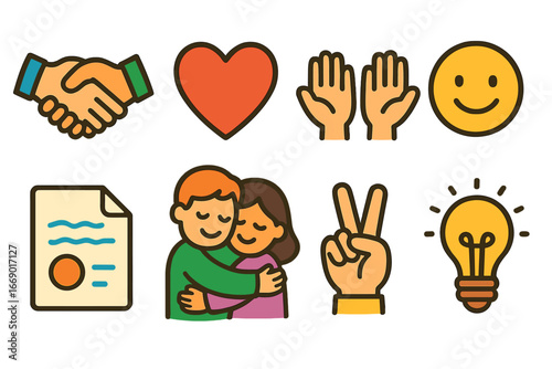 Apology and Forgiveness Icons. Flat vector mini-illustrations apology and forgiveness in colors children's illustrations: