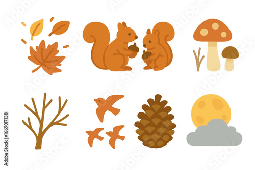 Autumn Nature Icons. Flat vector mini-illustrations autumn nature in colors children's illustrations: falling leaves, squirrels