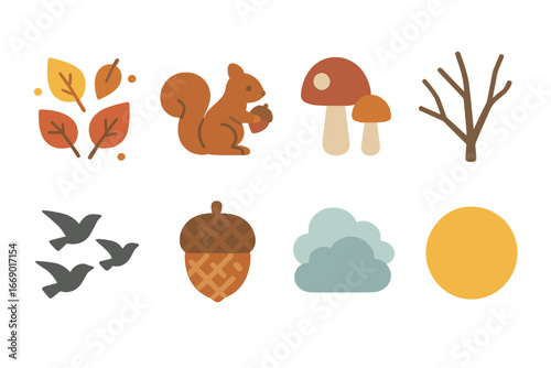 Autumn Nature Icons. Flat vector mini-illustrations autumn nature in colors children's illustrations: falling leaves, squirrels