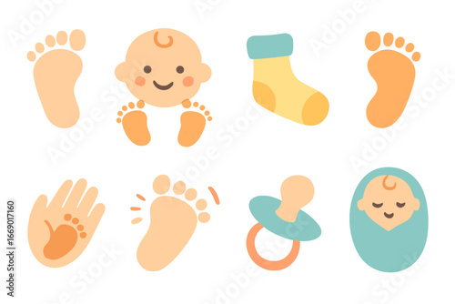 Baby Toes Icons. Flat vector mini-illustrations baby toes in colors children's illustrations: tiny foot, smiling baby, sock,