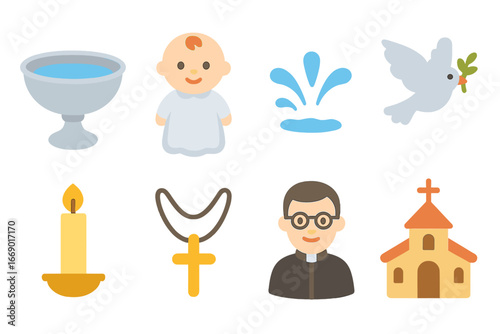 Baptismal Icons Collection. Flat vector mini-illustrations baptism sacrament in colors children's illustrations: baptismal font,