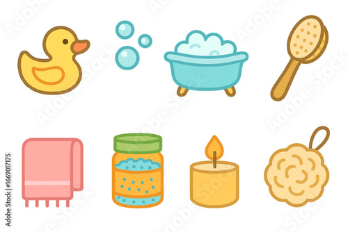 Bath Time Icons. Flat vector mini-illustrations bath time relax in colors children's illustrations: rubber duck, bubbles, bathtub,