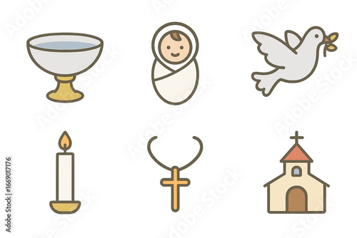 Baptismal Icons Collection. Flat vector mini-illustrations baptism sacrament in colors children's illustrations: baptismal font,