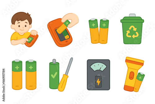 Battery Replacement Icons. Flat vector mini-illustrations battery replacement in colors children's illustrations: child opening