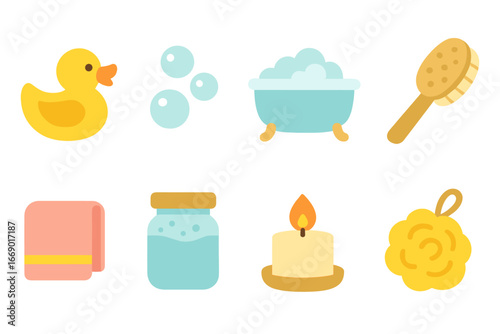 Bath Time Icons. Flat vector mini-illustrations bath time relax in colors children's illustrations: rubber duck, bubbles, bathtub,