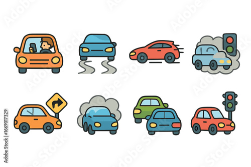 Car Crash Causes. Flat vector mini-illustrations car crash causes in colors children's illustrations: distracted driver, slippery