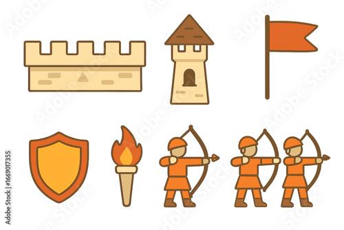 Castle Battlements Icons. Flat vector mini-illustrations battlements in colors children's illustrations: crenellated wall, merlons