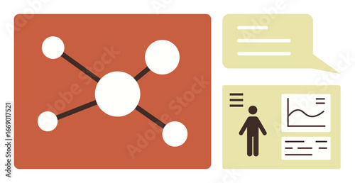 Network diagram linking nodes, charts, person interface, text bubble with message. Ideal for teamwork, communication, analytics, collaboration presentation research education. Simple flat metaphor