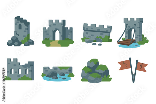 Castle Ruins Icons. Flat vector mini-illustrations castle ruins in colors children's illustrations: collapsed tower, ruined
