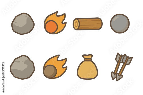Catapult Ammo Icons. Flat vector mini-illustrations catapult ammunition in colors children's illustrations: large stone, fireball,
