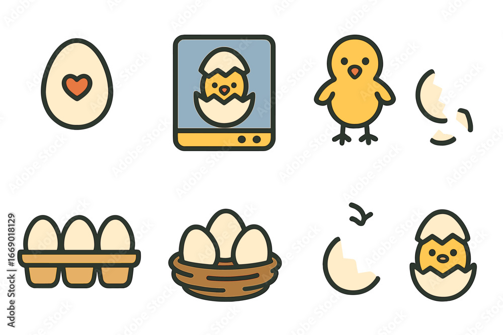 Fototapeta premium Chicks and Eggs Icons. Flat vector mini-illustrations chicks and eggs in colors children's illustrations: fertilized egg,