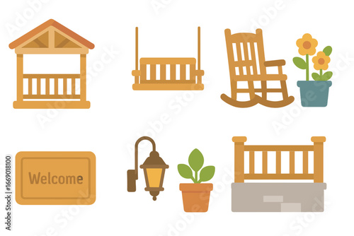 Charming Porch Icons. Flat vector mini-illustrations porch in colors children's illustrations: wooden porch, porch swing, rocking