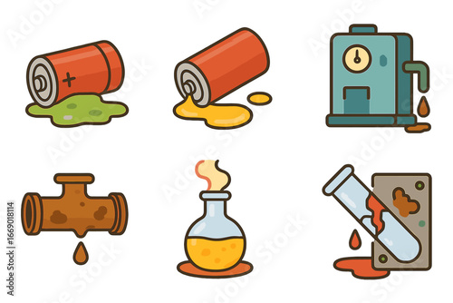 Chemical Energy Icons. Flat vector mini-illustrations chemical energy loss in colors children's illustrations: spilled battery