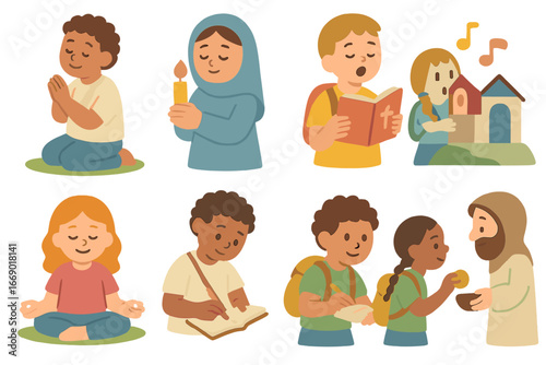 Child Pilgrimage Activities. Flat vector mini-illustrations Pilgrimage activities in colors children's illustrations: praying,