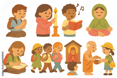 Child Pilgrimage Activities. Flat vector mini-illustrations Pilgrimage activities in colors children's illustrations: praying,