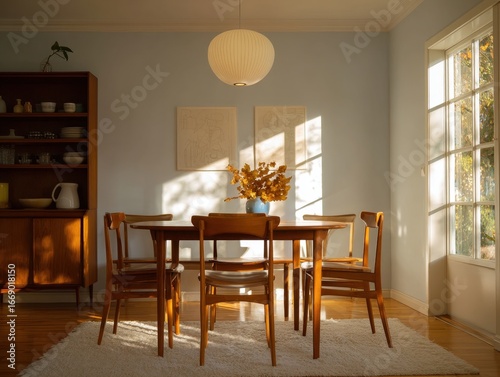 A sun-drenched dining room,...