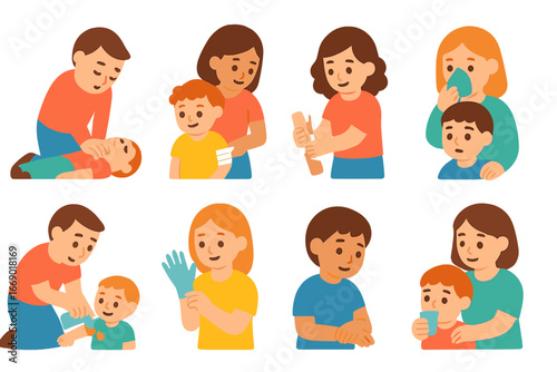 Child-Friendly First Aid Icons. Flat vector mini-illustrations emergency first aid procedures in colors children's illustrations: