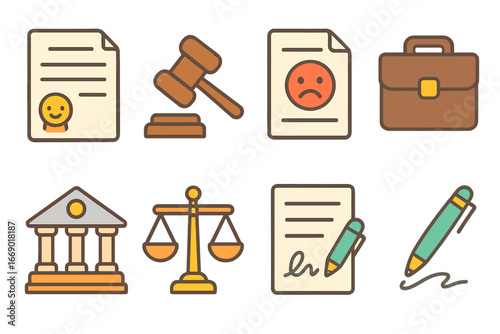 Child-Friendly Legal Icons. Flat vector mini-illustrations bankruptcy and legal process in colors children's illustrations: legal