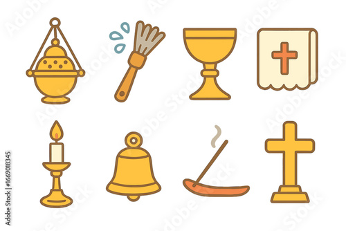 Children's Altar Tools Icons. Flat vector mini-illustrations altar tools in colors children's illustrations: censer, holy water