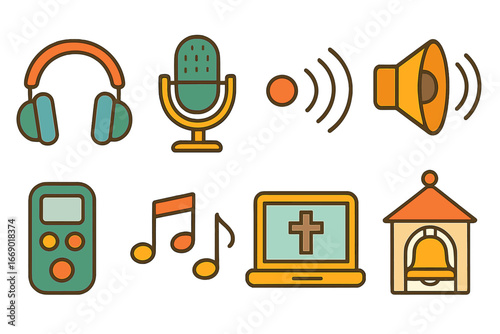 Children's Audio Illustrations. Flat vector mini-illustrations sermon audio in colors children's illustrations: headphones,