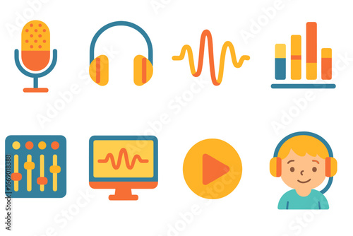 Children's Audio and Proofreading Icons. Flat vector mini-illustrations audio editing in colors children's illustrations: