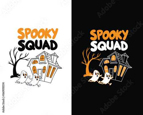 Spooky squad halloween t-shirt design with ghosts haunted house and spooky tree for festive celebration