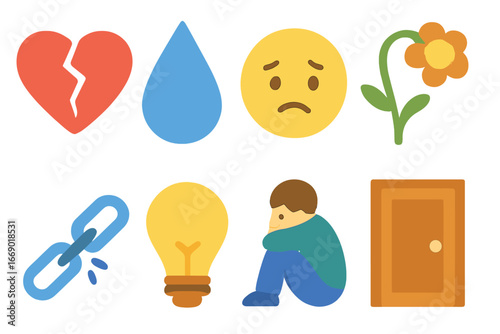 Children's Broken Heart Icons. Flat vector mini-illustrations broken heart in colors children's illustrations: cracked heart, tear