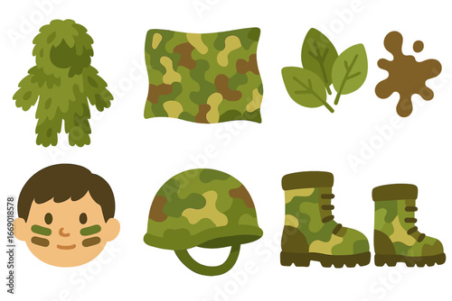 Children's Camouflage Icons. Flat vector mini-illustrations camouflage patterns in colors children's illustrations: ghillie suit,