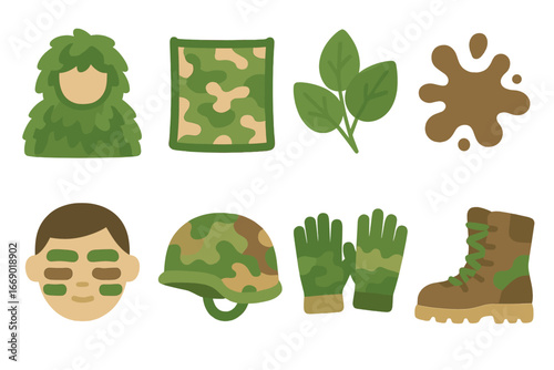 Children's Camouflage Icons. Flat vector mini-illustrations camouflage patterns in colors children's illustrations: ghillie suit,