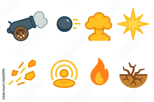 Children's Cannon Illustrations. Flat vector mini-illustrations cannon firing in colors children's illustrations: cannon with
