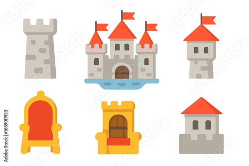 Children's Castle Icons. Flat vector mini-illustrations castle in colors children's illustrations: stone tower, drawbridge, moat,