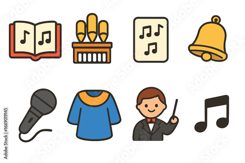 Children's Choir Icons. Flat vector mini-illustrations liturgy music in colors children's illustrations: choir book, organ, hymn