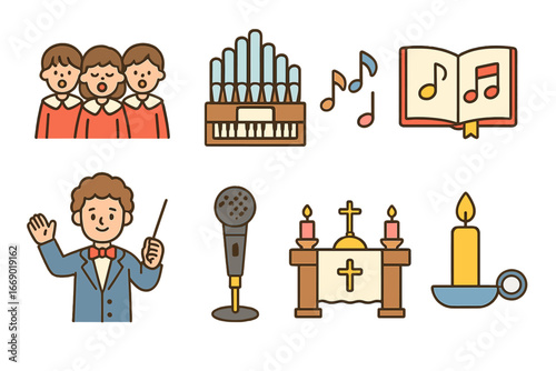 Children's Choir Icons. Flat vector mini-illustrations communion music in colors children's illustrations: choir singing, organ,