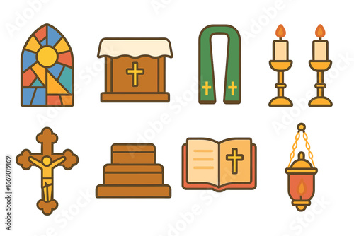 Children's Church Icons. Flat vector mini-illustrations church altar in colors children's illustrations: stained glass window,