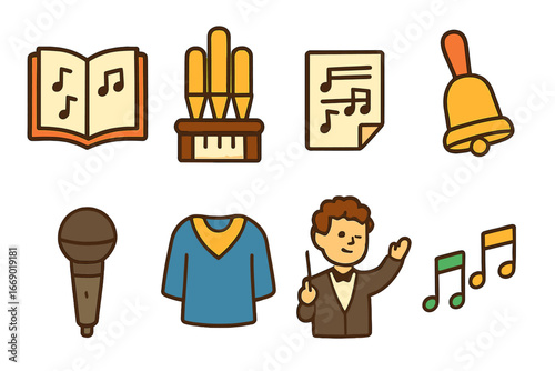 Children's Choir Icons. Flat vector mini-illustrations liturgy music in colors children's illustrations: choir book, organ, hymn