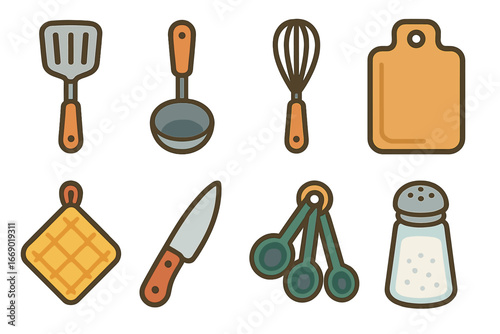 Children's Cooking Utensils. Flat vector mini-illustrations cooking utensils in colors children's illustrations: spatula, ladle,