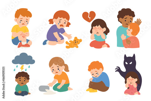 Children's Crying Reasons. Flat vector mini-illustrations reasons for crying in colors children's illustrations: scraped knee,