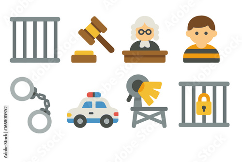 Children's Crime Icons. Flat vector mini-illustrations crime punishment in colors children's illustrations: jail bars, gavel,