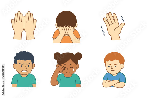 Children's Despair Icons. Flat vector mini-illustrations despair gestures in colors children's illustrations: hands covering face,